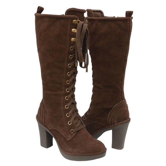 Juicy Couture MADLEY Suede Platform Lace-Up Tall Boot Heel Brown 6/6.5/9.5 New - Picture 2 of 8